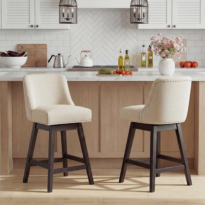 Bar Stools Set of 2, 360° Swivel Upholstered Counter Stools with Back, Wooden Frame Kitchen Bar Chairs with Nailhead Trim