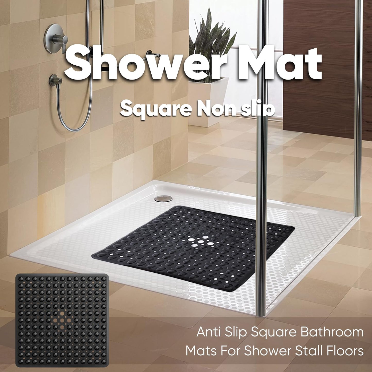 Square Shower Mat Non Slip Anti Mould, 53 x 53cm Non Slip Shower Mats for Inside Shower with Strong Suction Cups & Drain Holes, Machine Washable
