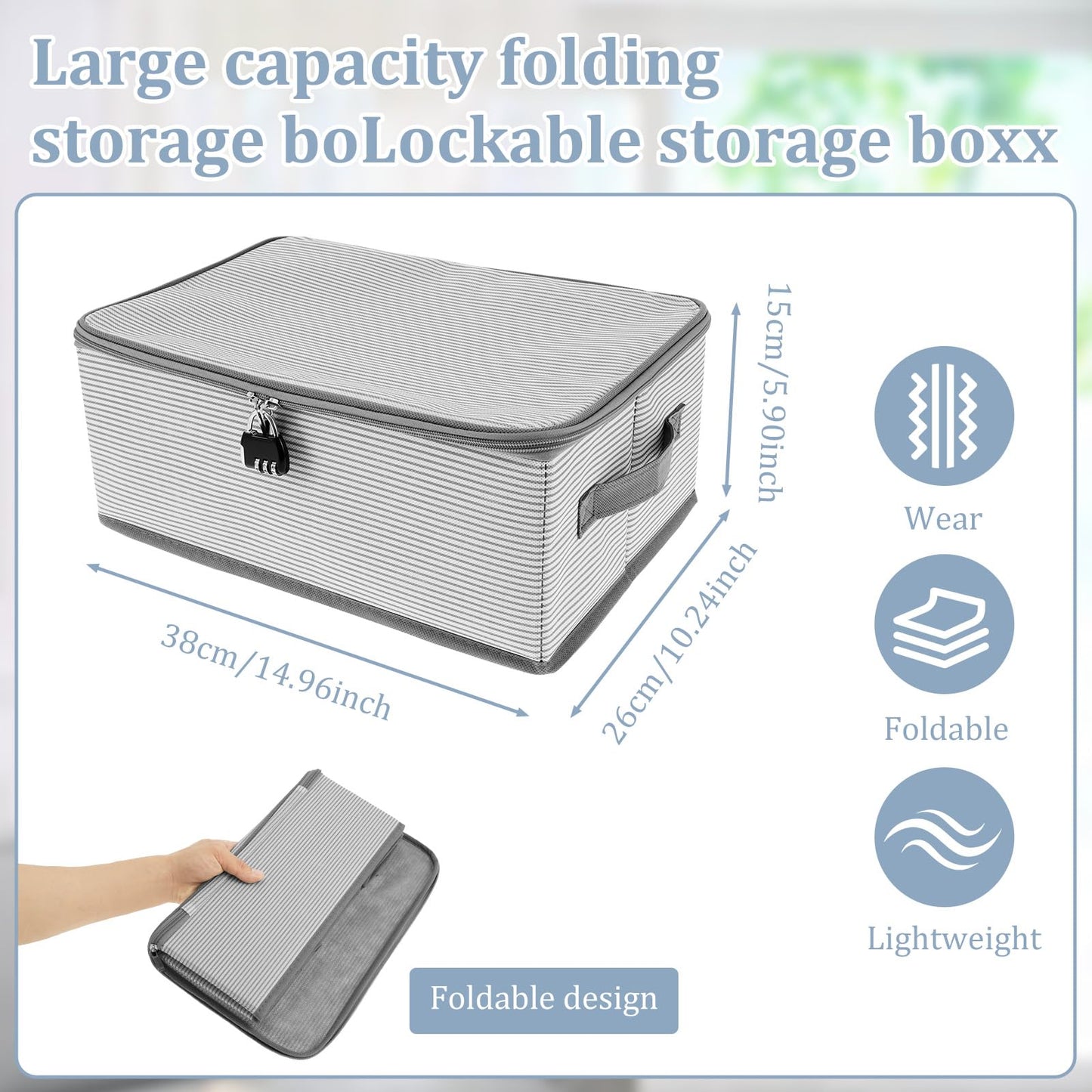 Lockable Box with Lid Nonwoven Foldable Storage Cubes for Home Storing Bedding, 38×26×15cm Large Clothes Organizer Container with Zipper Wardrobe