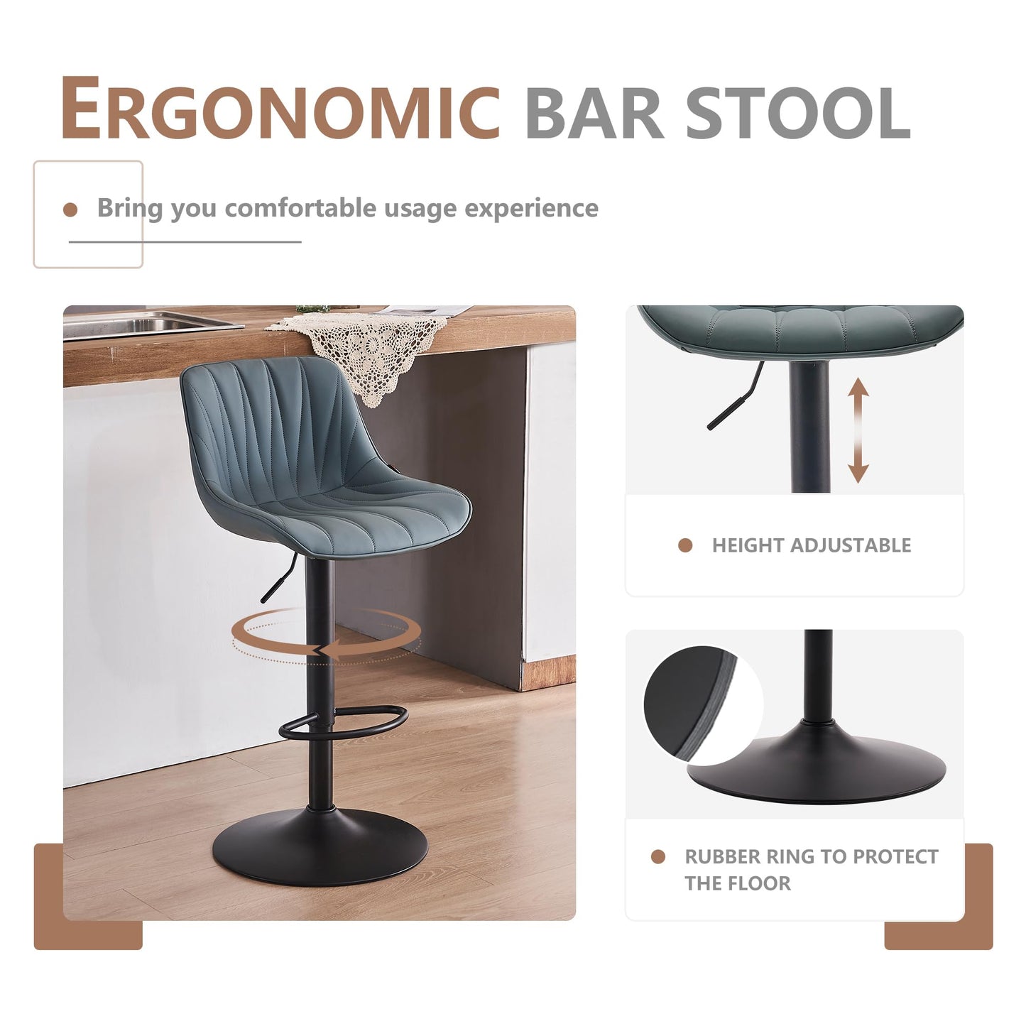 YOUNIKE Bar Stools Set of 2, Swivel Tall Barstools with Back, Adjustable Height Faux Leather Upholstered Modern Counter Height Bar Chairs