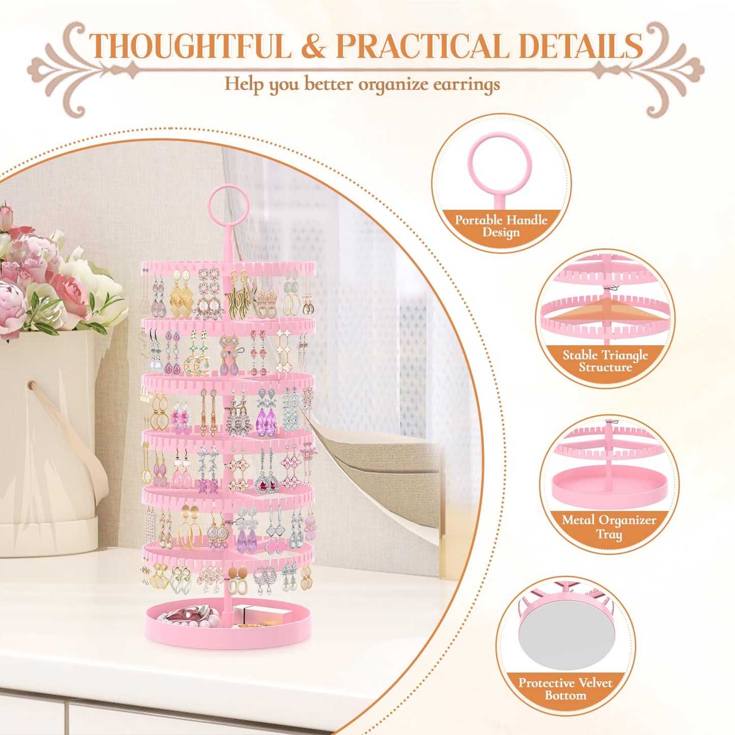 iDavosic.ly 6 Tier Rotating Earring Holder Organizer with Metal Tray, Pink