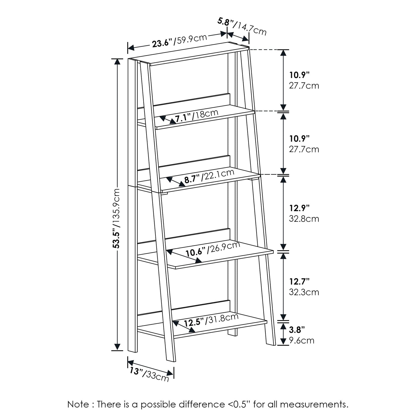 Furinno LADDER Book Shelf, 5-Tier Ladder Shelf, Bookshelf, Display Storage Shelves, 13 x 23.6 x 53.5, for Living Room, Home Office, Espresso