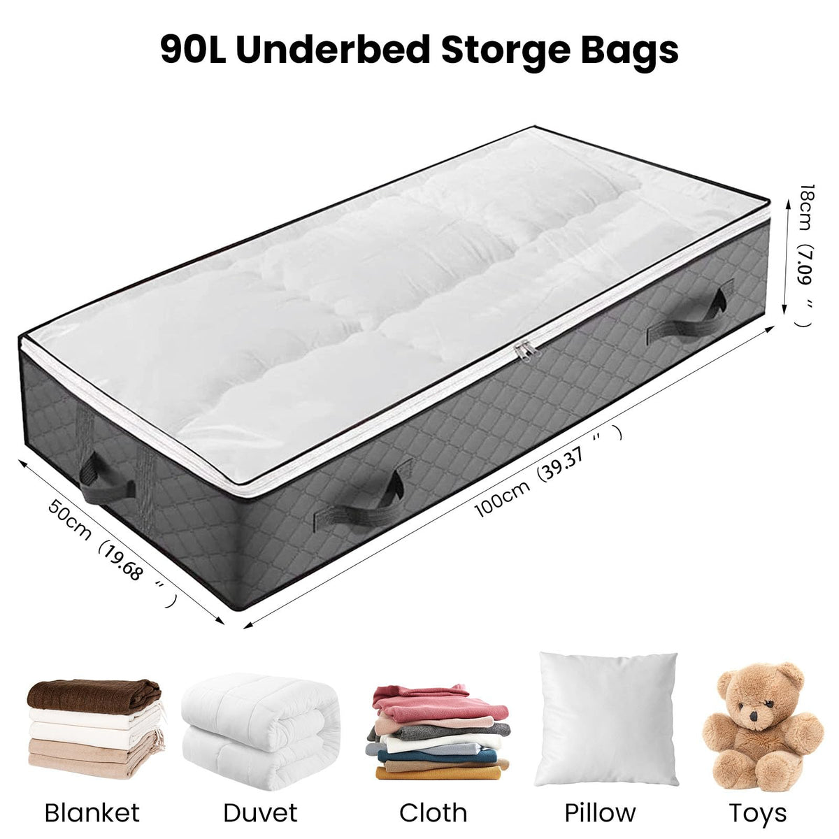 HUSAIHU 90L Underbed Storage Bags, 2 Pack Large Under Bed Box with lid, Foldable Clothes Bag 4 Reinforced Handle, PVC Window for Quilts, Blankets