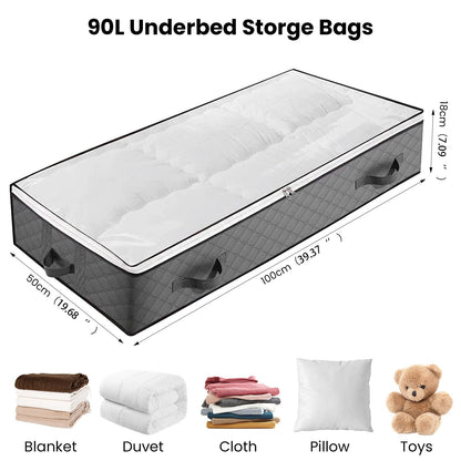 HUSAIHU 90L Underbed Storage Bags, 2 Pack Large Under Bed Box with lid, Foldable Clothes Bag 4 Reinforced Handle, PVC Window for Quilts, Blankets