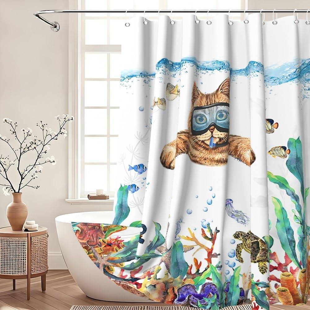 Xiaoterna Ocean Shower Curtain Bubble Marine Life Deep Sea Bathroom Curtain Cat Diving Shower Curtain Tropical Fish Turtle Shower Curtain Machine