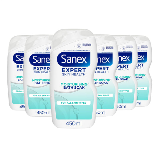 Sanex Expert Skin Health Moisturising Bath Soak 450ml 6 Pack - bath soak men and women - bath foam - advanced prebiotic formula - smooth and hydrated