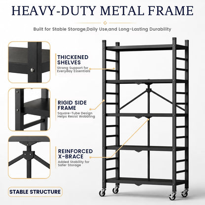 WUDLEP 5-Tier Heavy Duty Storage Shelves with Wheels, 156cm Hx71cm Wx34cm D