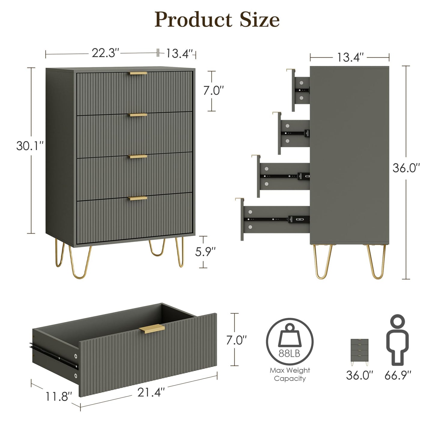 HEYZOEY Grey Chest of 4 Drawers for Bedroom, 60x34x91cm, Wood Storage Dresser Bedroom Furniture Cabinet for Living Room,Office,Lounge,Grey
