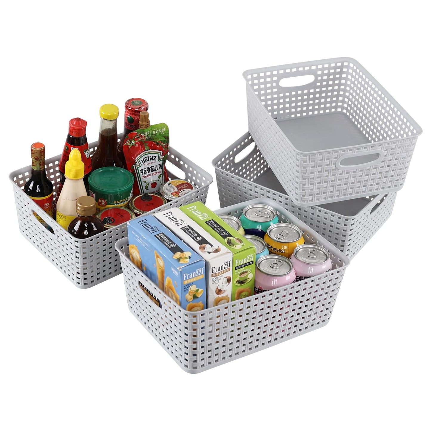 Yuright 4 Pack Plastic Woven Storage Baskets for Desktop Shelf, Light Gray