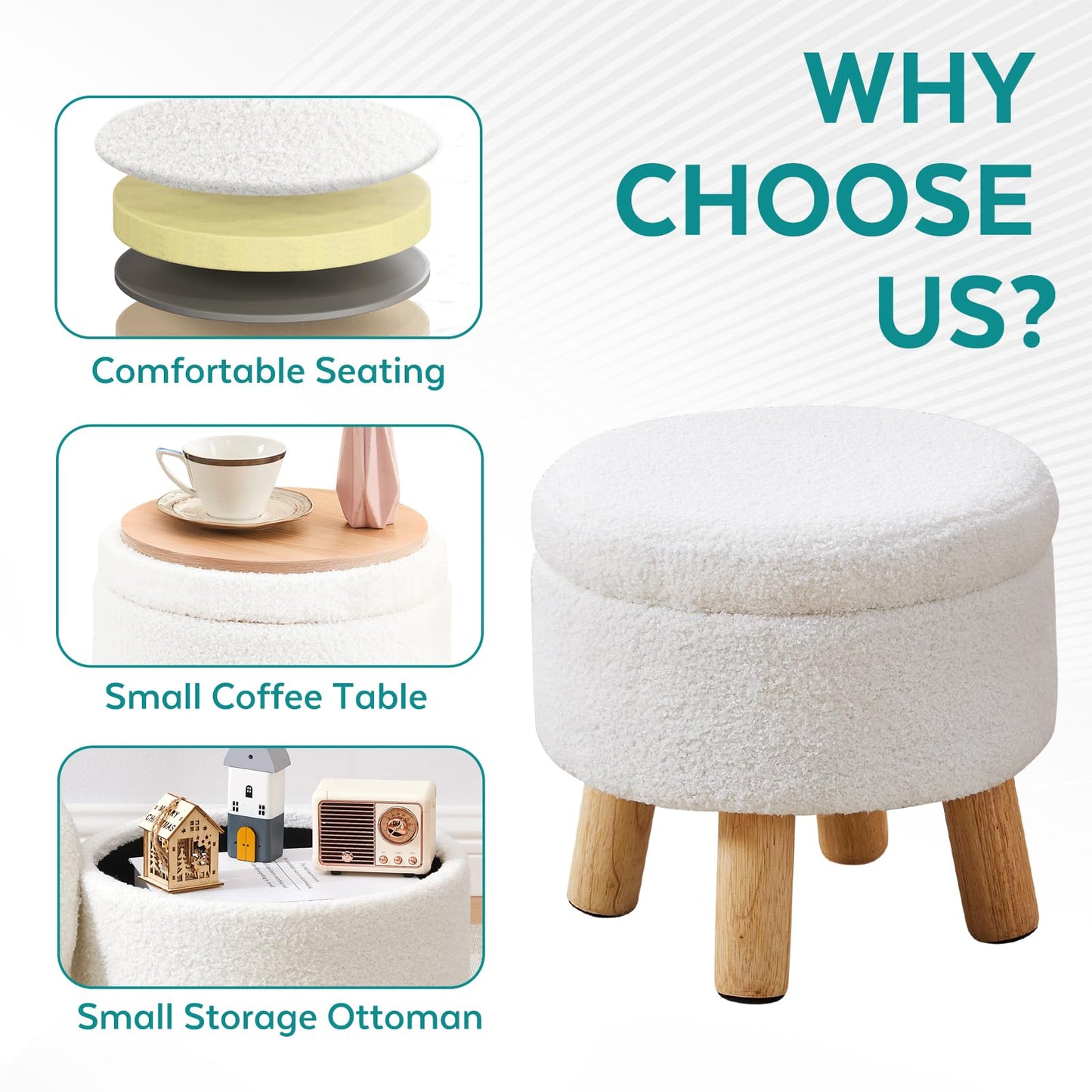 BRIAN & DANY Footstool with Storage, Small Storage Ottoman, Teddy Fleece Round Stool with Lid, Sherpa Foot Stool with Legs for Living Room Entryway