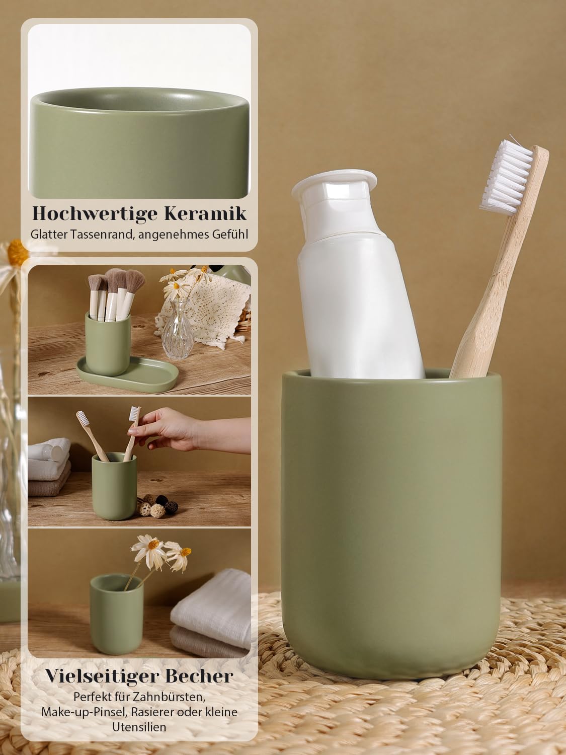 Autumnlife 3 Pcs Ceramic Bathroom Accessory Set - Liquid Soap Dispenser, Toothbrush Holder & Tray, Bathroom Counter Set