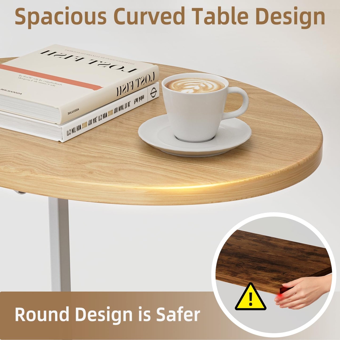Mutool C Shaped Side Table, Foldable Round Sofa Table with Metal Frame, Small Coffee Table for Living Room Bedroom Office, Light Walnut
