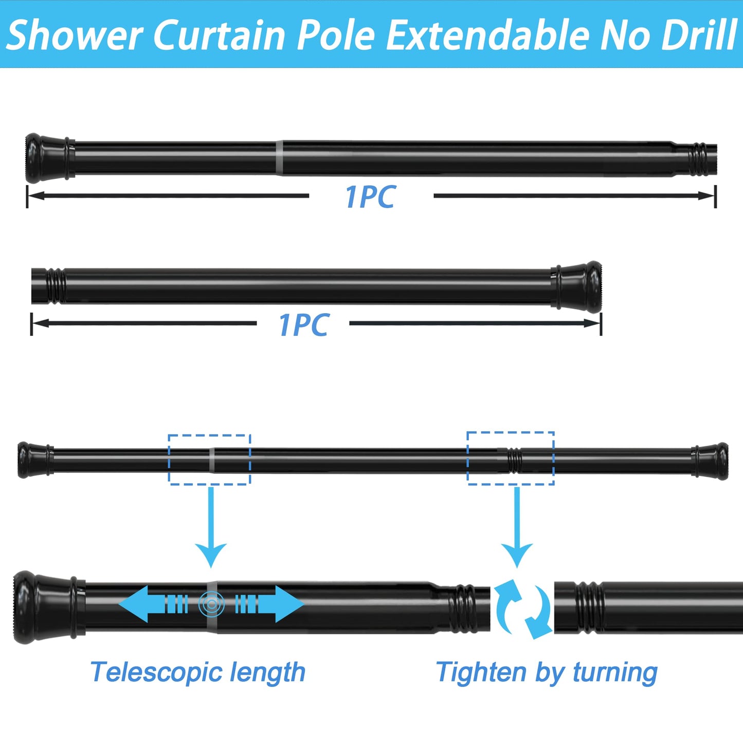 1PC Shower Curtain Pole Extendable No Drill Tension Rods for Curtains Extendable Curtain Poles Shower Curtain Railfor Bathroom, Window, Door