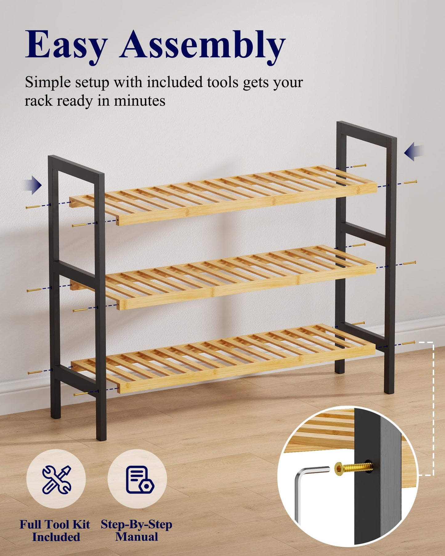 Kitsure Bamboo Shoe Rack – 3-Tier Bamboo Wooden Shoe Rack with Built-in Handle, Easy Assembly Shoe Storage for Entryway, Closet or Bedroom