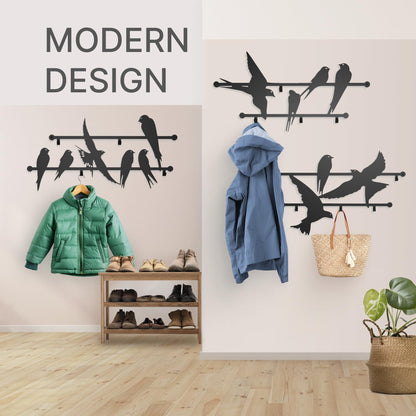 Entrance Coat Rack 3pcs Metal 2mm Wall Design Mounted Birds 23x40 Inches - Heavy Duty Hallway Hanger Hooks for Kids and Adults