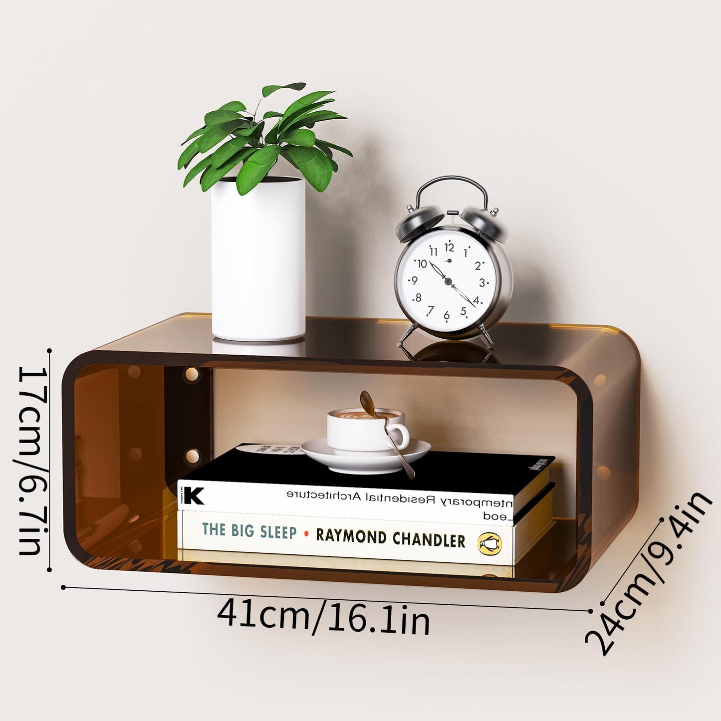 Dewrhiixe Acrylic Floating Bedside Table, Wall Mounted Nightstand Bedside Shelf (Dark Brown, 41×24×17 cm)