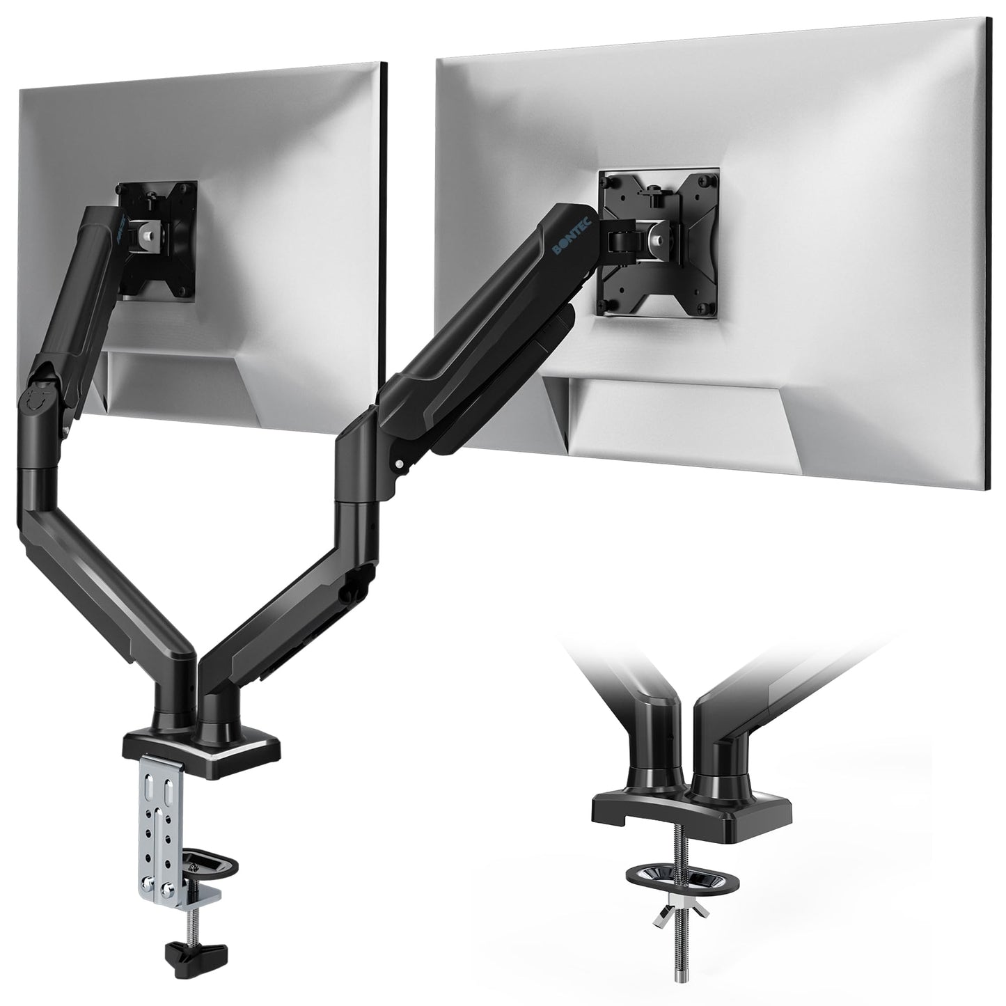 BONTEC Dual Monitor Stand, Adjustable Gas Spring Arms Monitor Desk Mount for 13-32 Inch Screens, VESA 75 & 100mm, 9KG Max Load, C Clamp, Grommet Base,