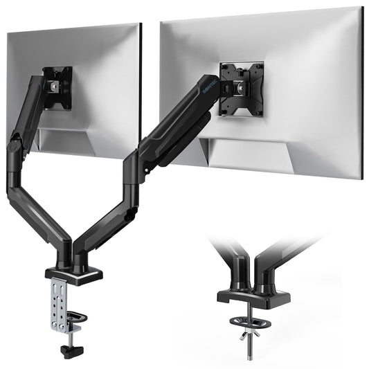 BONTEC Dual Monitor Stand, Adjustable Gas Spring Arms Monitor Desk Mount for 13-32 Inch Screens, VESA 75 & 100mm, 9KG Max Load, C Clamp, Grommet Base,
