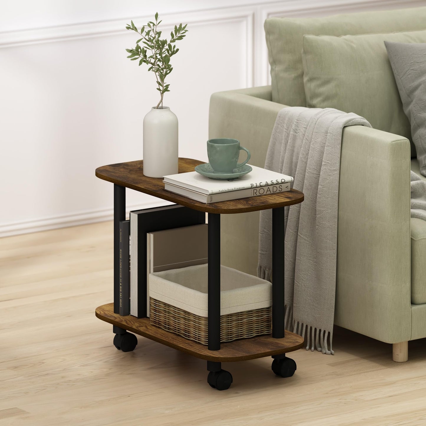 Furinno TURN-N-TUBE Side Table, 2-Tier Oval Sofa End Table with Wheels, Round Corner Night Stand, Bedside Table with Open Shelf, Toolless Assembly