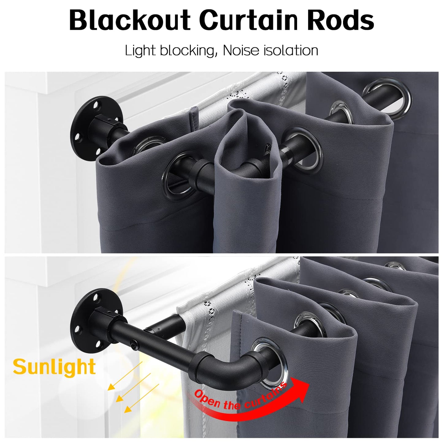 Harrms Industrial Double Curtain Pole, Curtain Poles for Eyelet Curtains, Matt Black, 74-346cm, Extendable Metal Curtain Rod Blackout Room Darkening