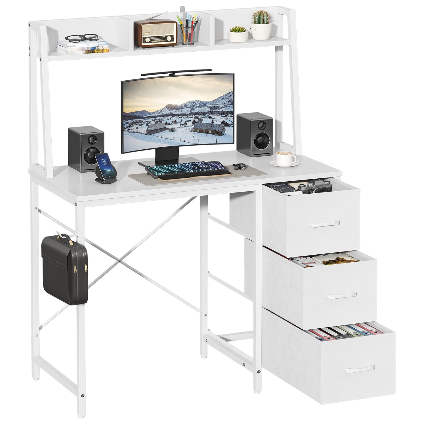 Feonase Industrial-Style Computer Desk with 3-Tier Wall-Mounted Shelf & 3 Fabric Drawers – MDF Desktop for Home Office, Study & Organization
