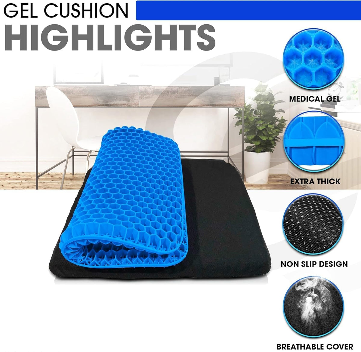 LATERN Gel Seat Cushion, 42CM x 36CM Honeycomb Double Thick Gel Cushion Ergonomic Cool Seat Cushion with Cloth Cover for Home Office Chair Car Seat