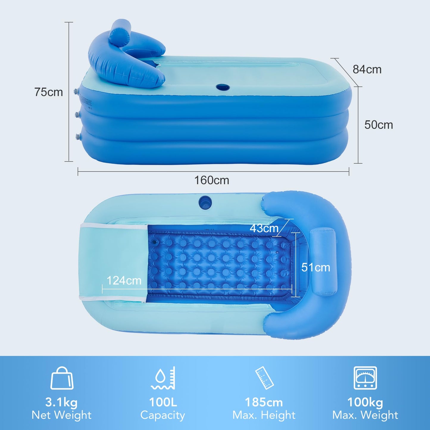 CO-Z Inflatable Portable Adult Bath Tub, Foldable Free-Standing PVC Bathtub w Electric Pump, Anti-Slippery Inflatable Pool for Adult Children Spa Bath