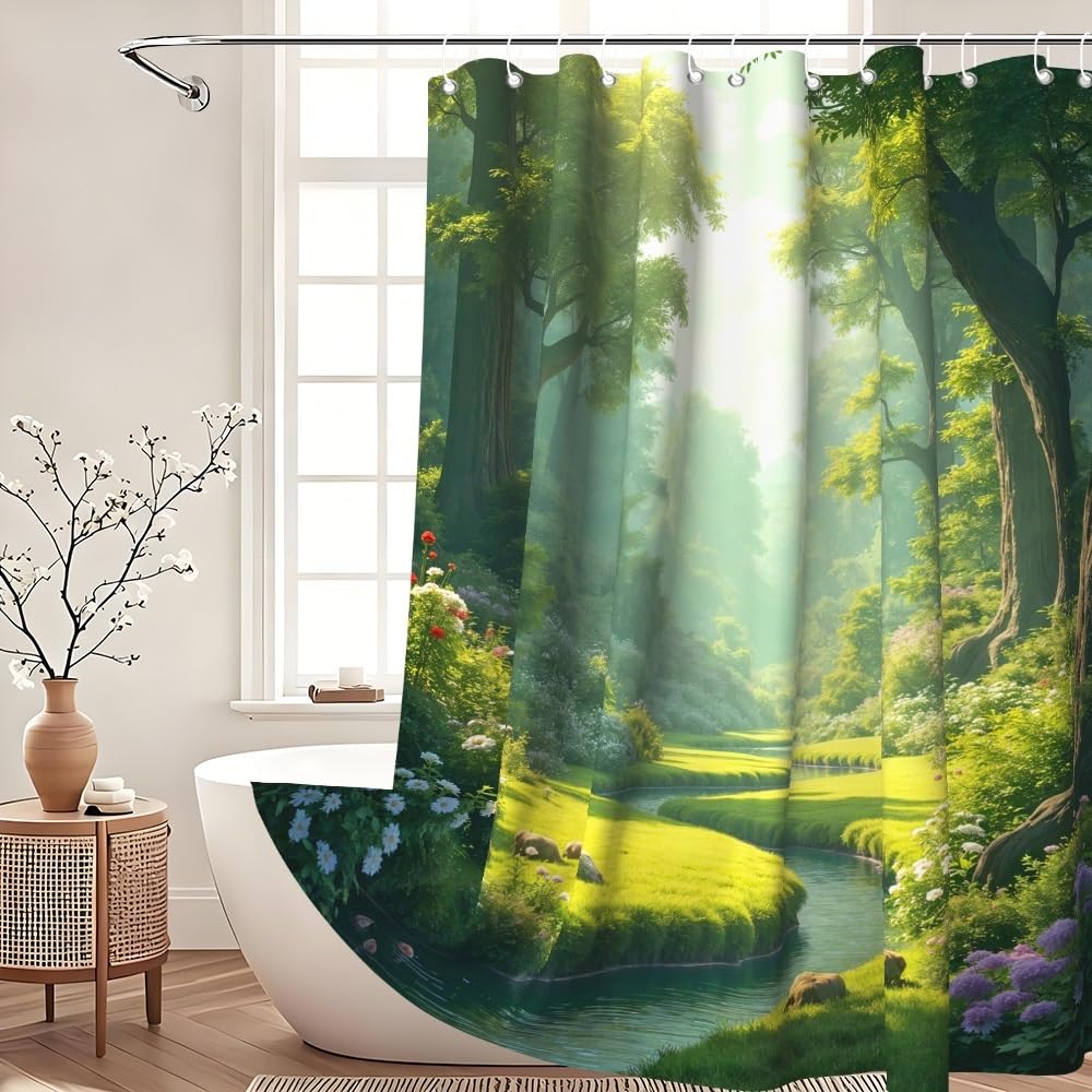 Xiaoterna Floral Plant Shower Curtain Green Spring Nature Forest Bathroom Curtain Green Tall Trees Blooming Flower River Stream Nature Shower Curtain