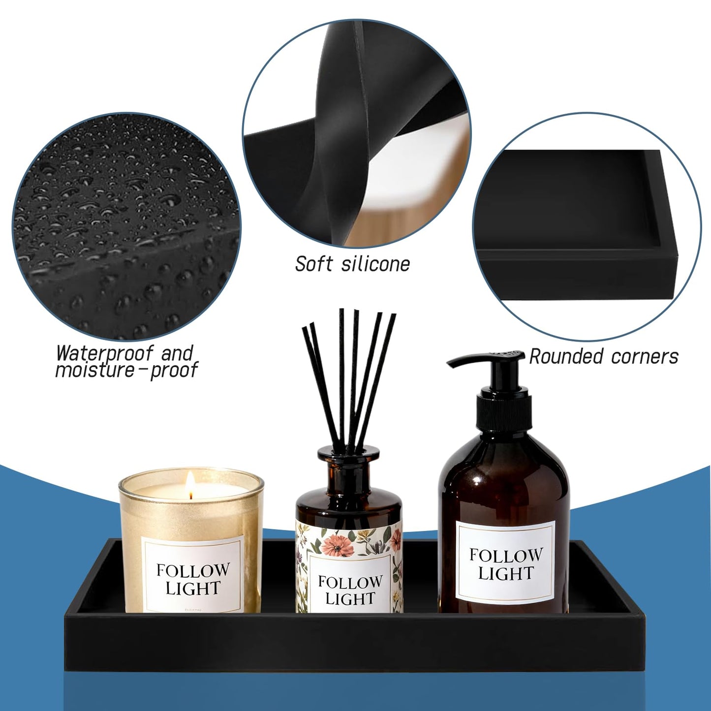 2 Pcs Bathroom Vanity Tray with 2 Soap Tray, 20 × 10 cm Black Rectangular Silicone Decorative Tray for Storage Perfume, Candles, Soap, Dressing