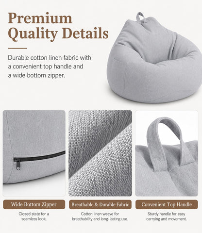 Highdi Large Bean Bag Without Fillings - Cotton Linen Durable & Comfortable, Light Grey Storage Bean Bag Chair for Living Room/Gaming Room