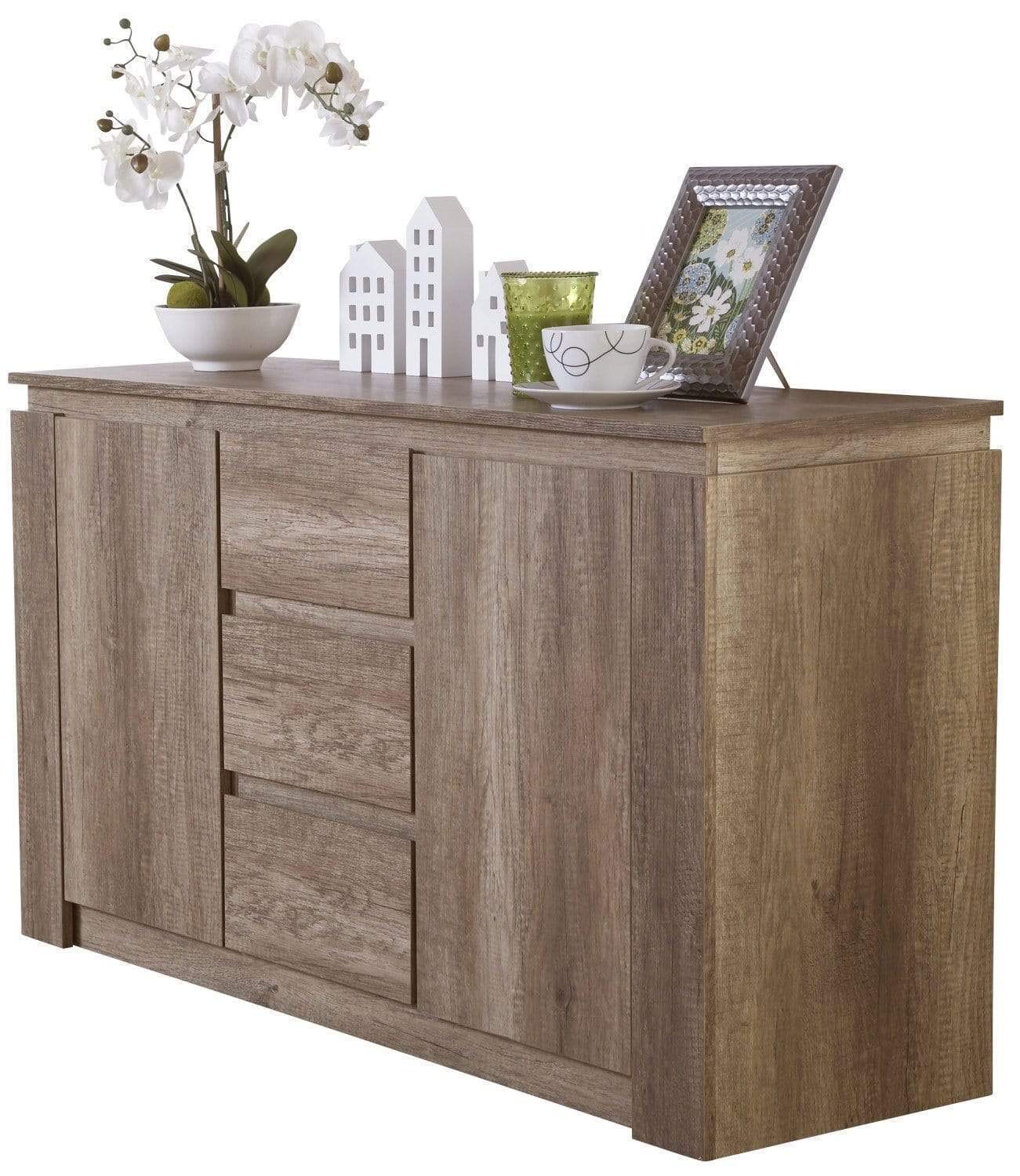 GFW Canyon Oak Sideboard Unit – 3 Drawers & 2 Door Storage Cabinet with Adjustable Shelves for Living Room, Kitchen or Bathroom, 119 x 39.5 x 70 cm