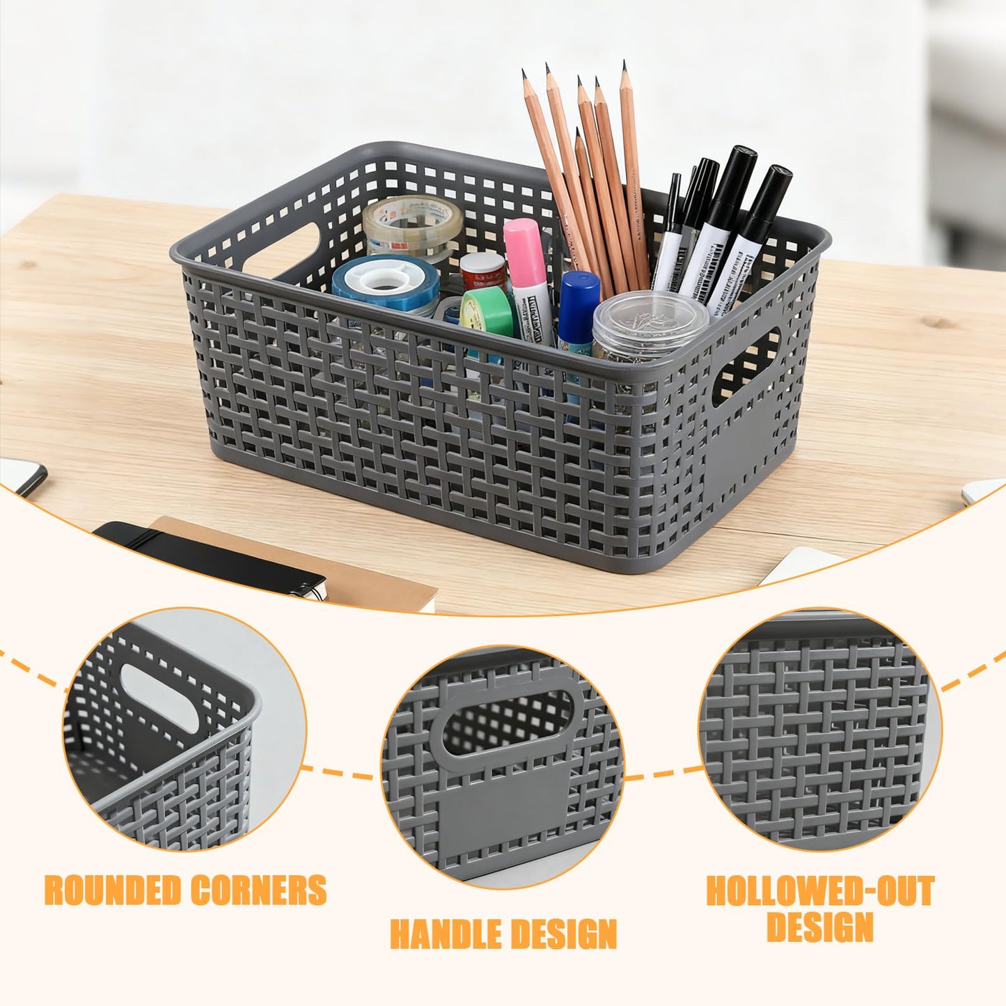 6-Pack Plastic Woven Storage Baskets – Durable & Flexible, Multi-Purpose Organizer for Kitchen, Closet, Cabinet, Shelves