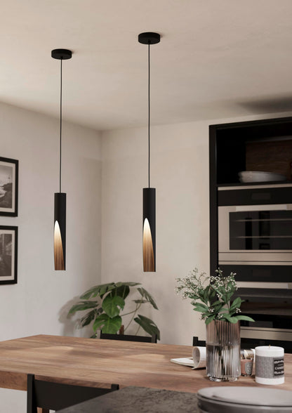 Eglo LED Pendant Lighting Barbotto, Hanging lamp with indirect Lighting, Metal Ceiling Light Fixture in Black and Wood Look, GU10 Bulb, Warm White,