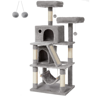 FEANDREA Cat Tree, Cat Condo with 2 Cat Caves, 155 cm, Light Grey PCT163W01