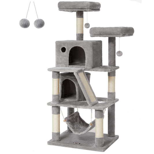 FEANDREA Cat Tree, Cat Condo with 2 Cat Caves, 155 cm, Light Grey PCT163W01