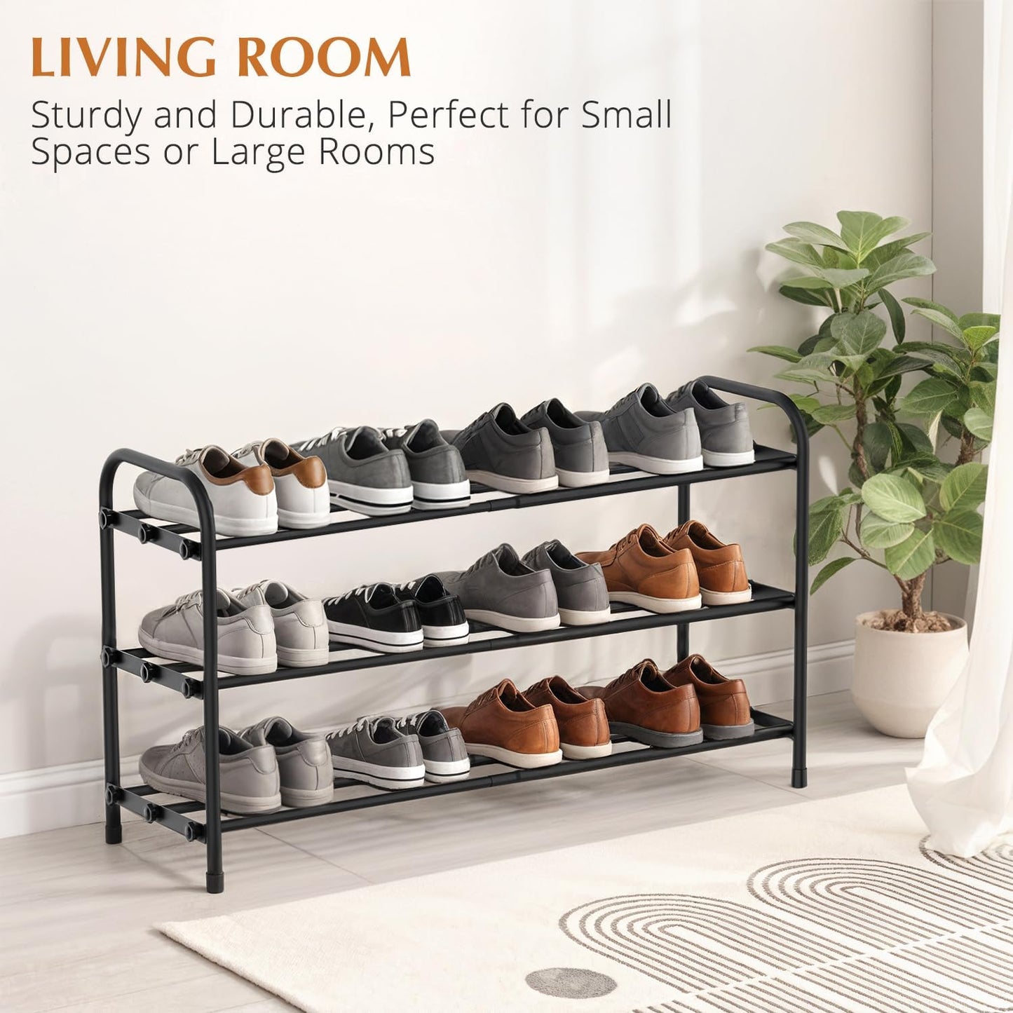 YUWHFEI Extendable 3-Tier Metal Shoe Rack, Adjustable Black Shoe Storage Organiser, Free Standing Shelf for Wardrobe, Closet, Bedroom, Hallway