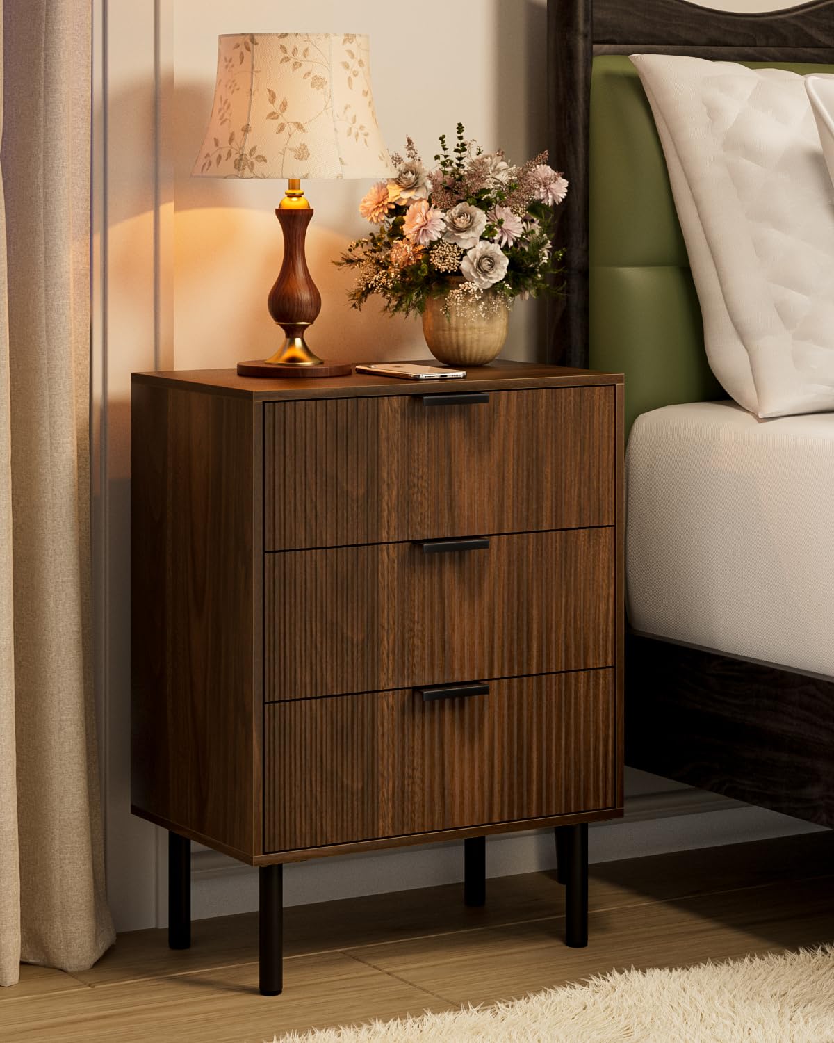 Apetaccat Bedside Table with 3 Drawers, Modern Bedside Cabniet with Metal Legs, Fluted Nightstand, Side Table for Bedroom, Living Room, Office, Walnut