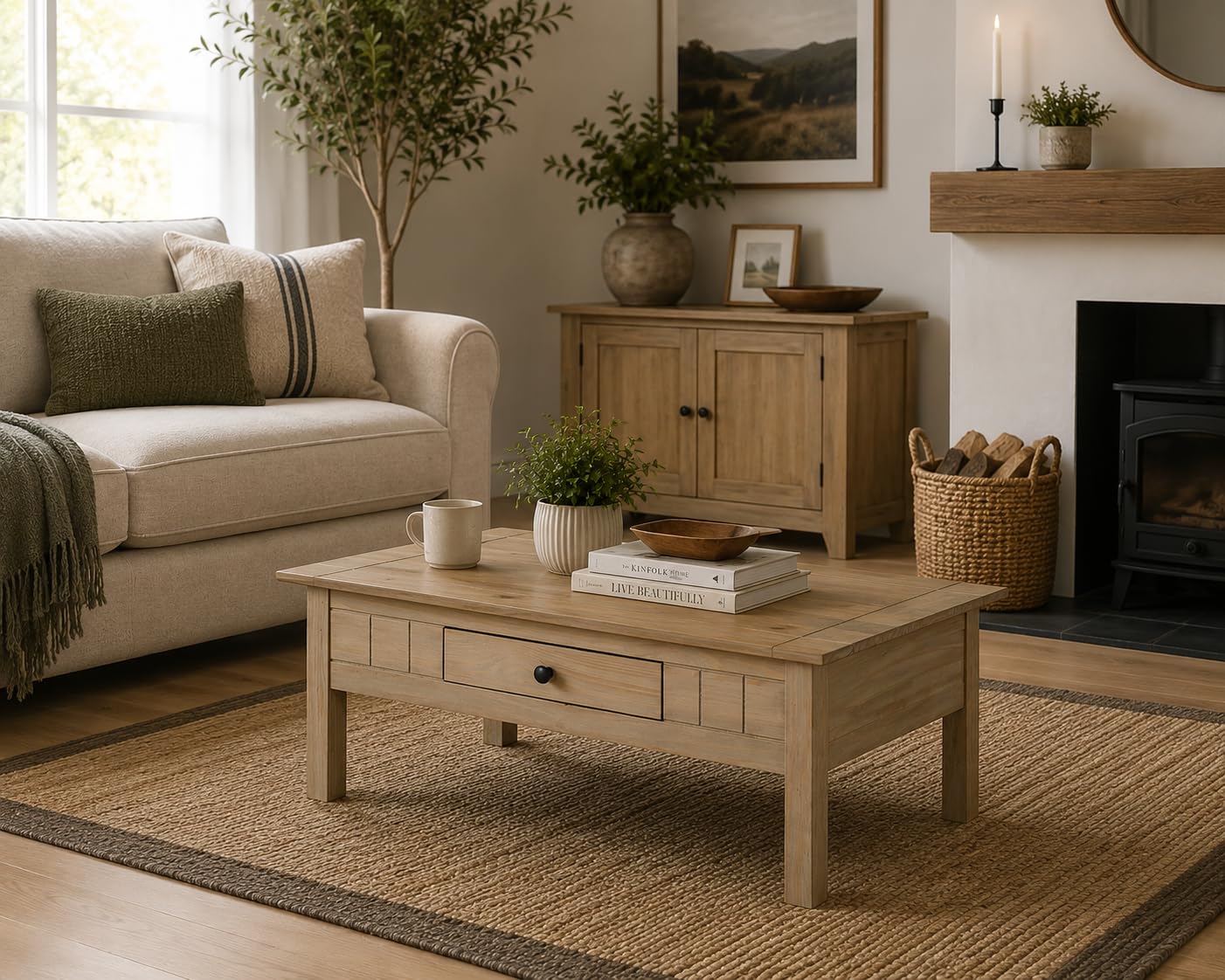 Mews Panama Coffee Table with 1 Drawer Solid Pine Wood Waxed Oak Finish Brown 100 x 60 x 45 cm