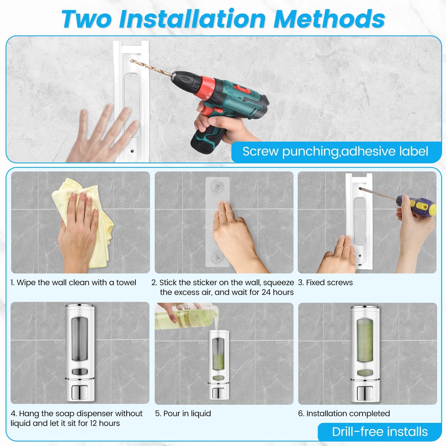White Soap Dispenser Wall-Mounted, No-Drill Installation for Liquid Lotion, Shower Gel, Shampoo, Conditioner & Dish Detergent
