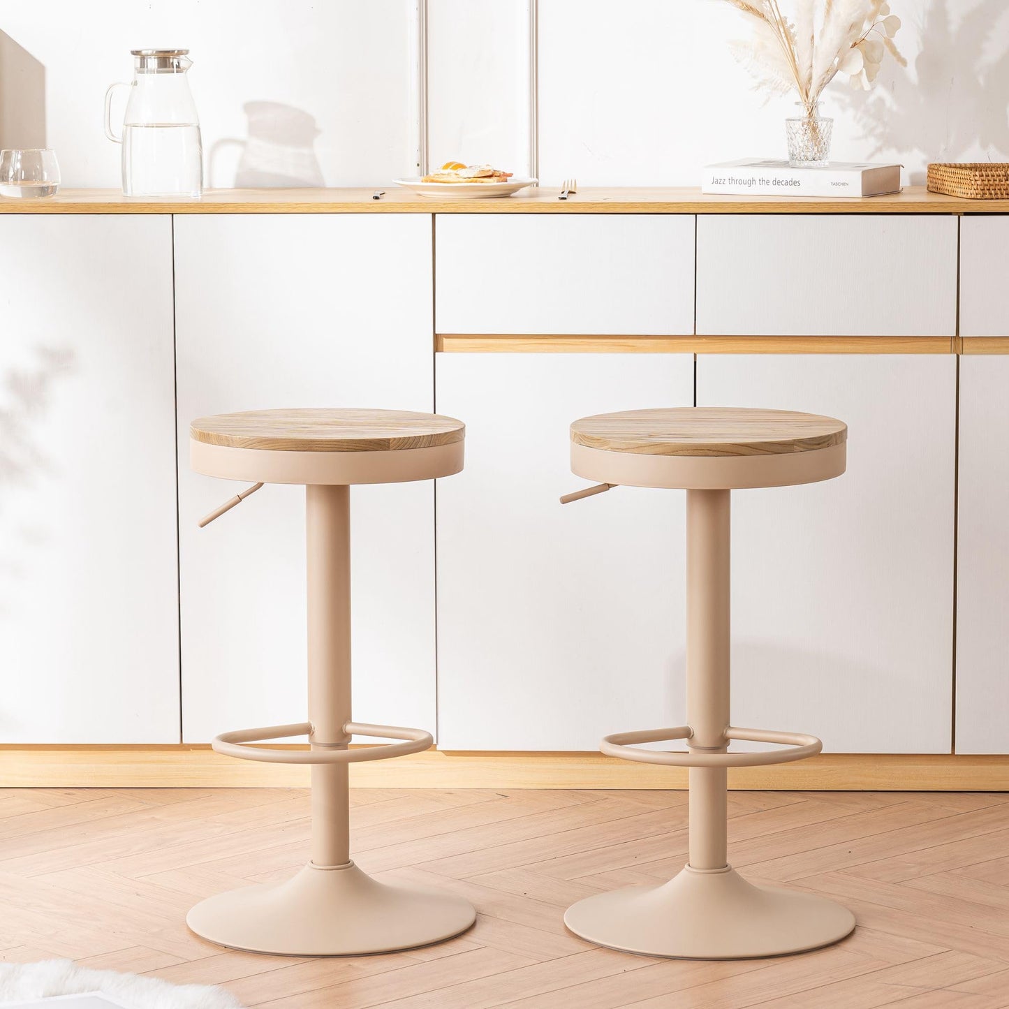 YOUNIKE Bar Stools, Solid Wood Counter Height Barstools Set of 2, Vintage High Adjustable 360° Swivel Metal Bar Chairs, Breakfast Kitchen Stools