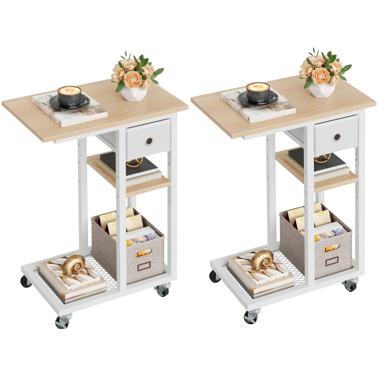 YITAHOME 2PCS C-Shaped Slim Sofa End Table with Fabric Drawer, Oak
