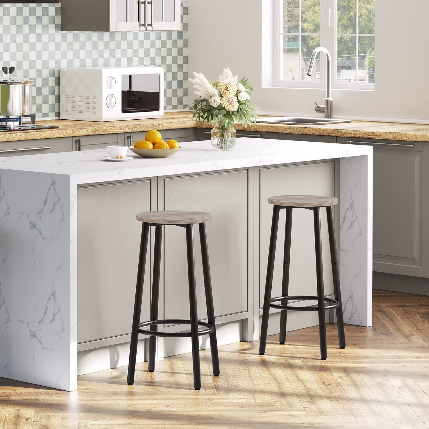 HOOBRO Round Bar Stools Set of 2, Breakfast Bar Chairs with Footrest for Kitchen, Pub Stools, Sturdy Metal Frame, for Dining Room, Kitchen, Party,