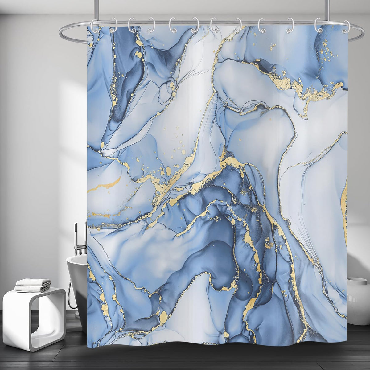Hnmdmyi Marble Shower Curtain 180x200, Light Blue Gold Abstract Marble Bathroom Curtains Luxury Modern Aesthetic Art Ink Texture Waterproof Polyester