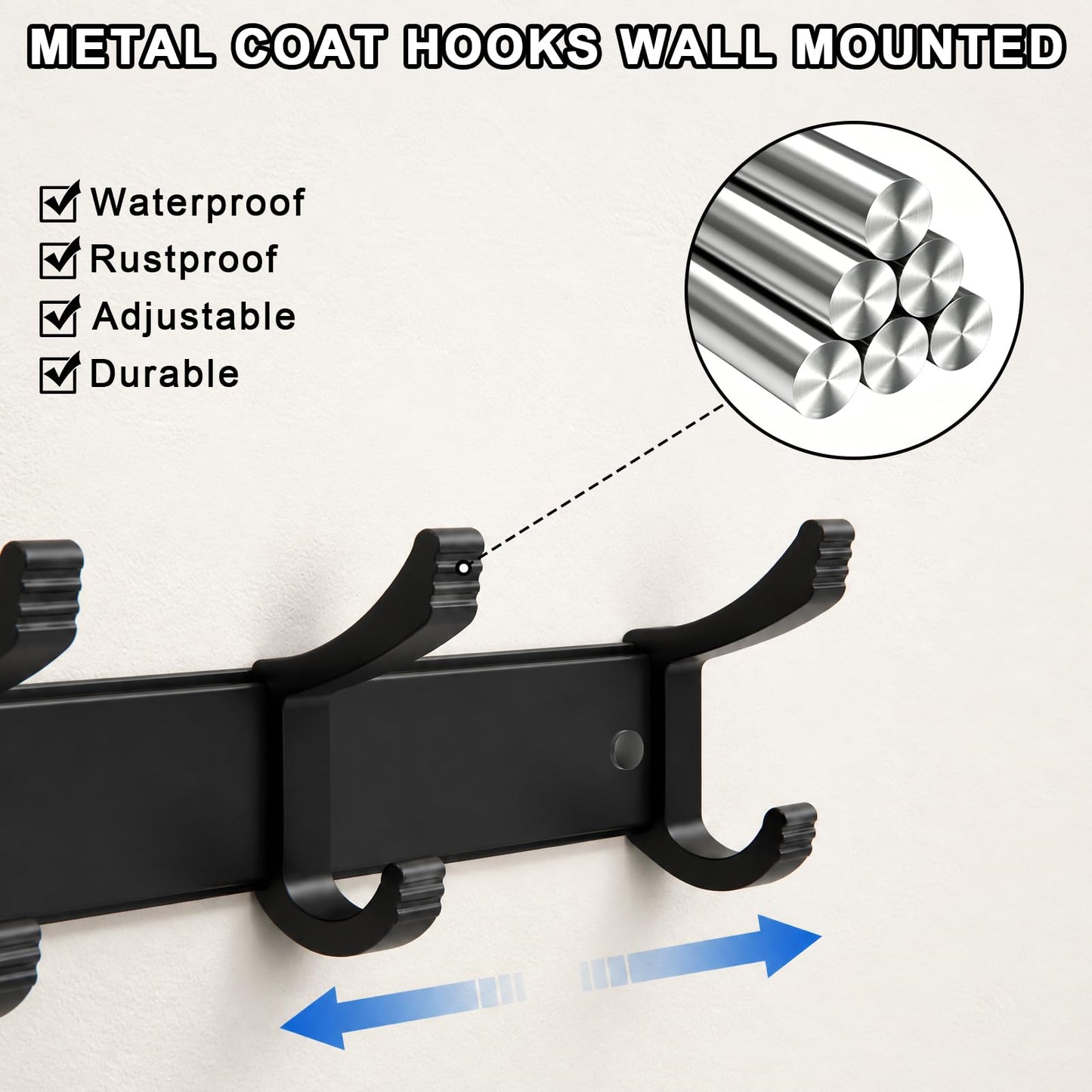 NONETO 2 Pack Coat Hooks Wall Mounted with 6 Movable Coat Rack (Black)