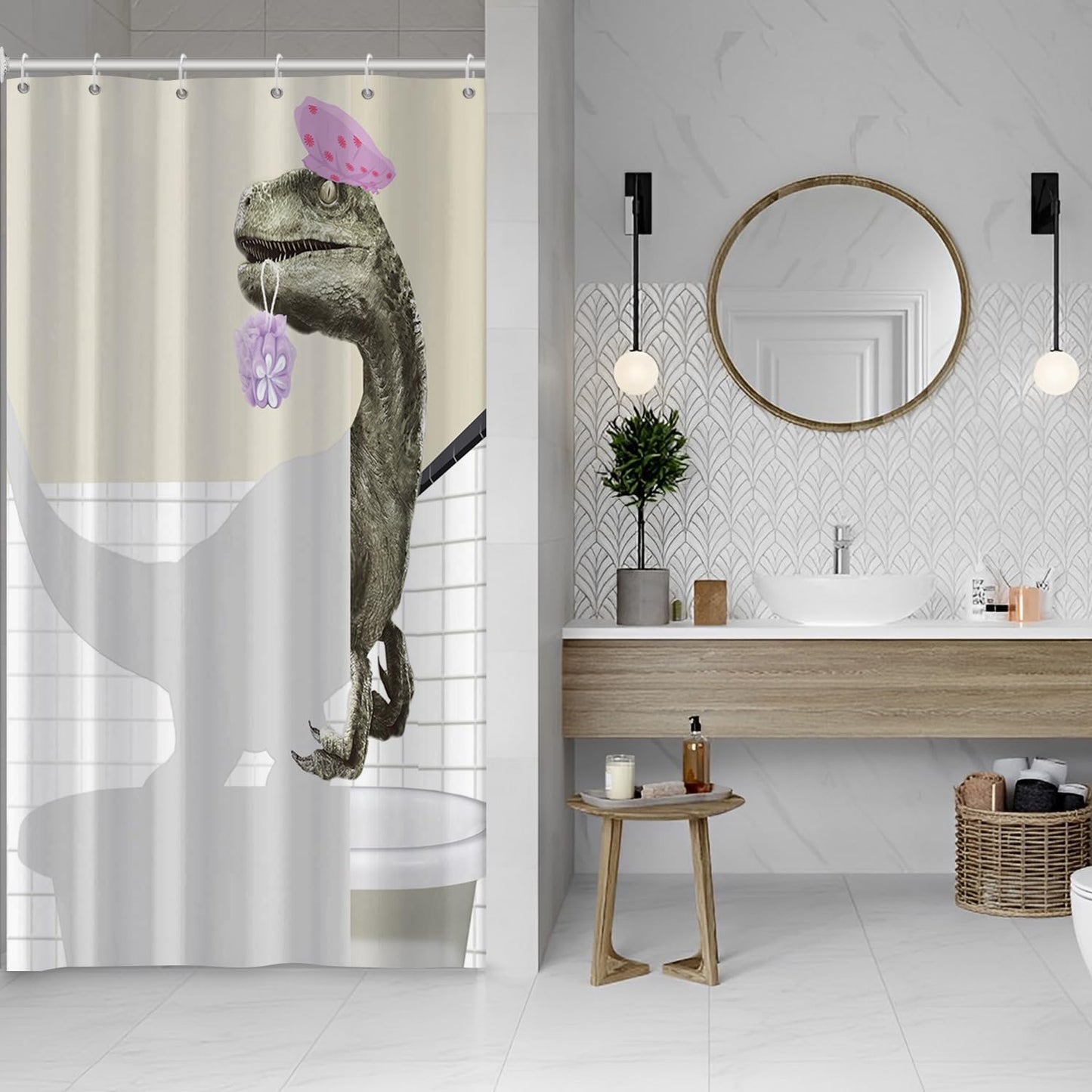 Hnmdmyi Funny Dinosaur Shower Curtain 90x180, Cute Bathing Dino Raptor Kids Bathroom Curtains Cartoon Animal Children Creative Modern Waterproof