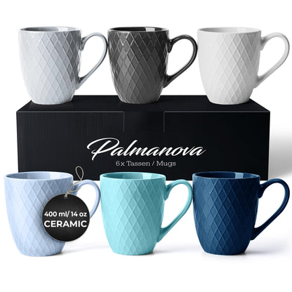 MIAMIO  6 x 400 ml  Coffee Mug Set/Mug - Modern Ceramic Mug Matt - Coffee Mug Large - Palmanova Collection (Blue)