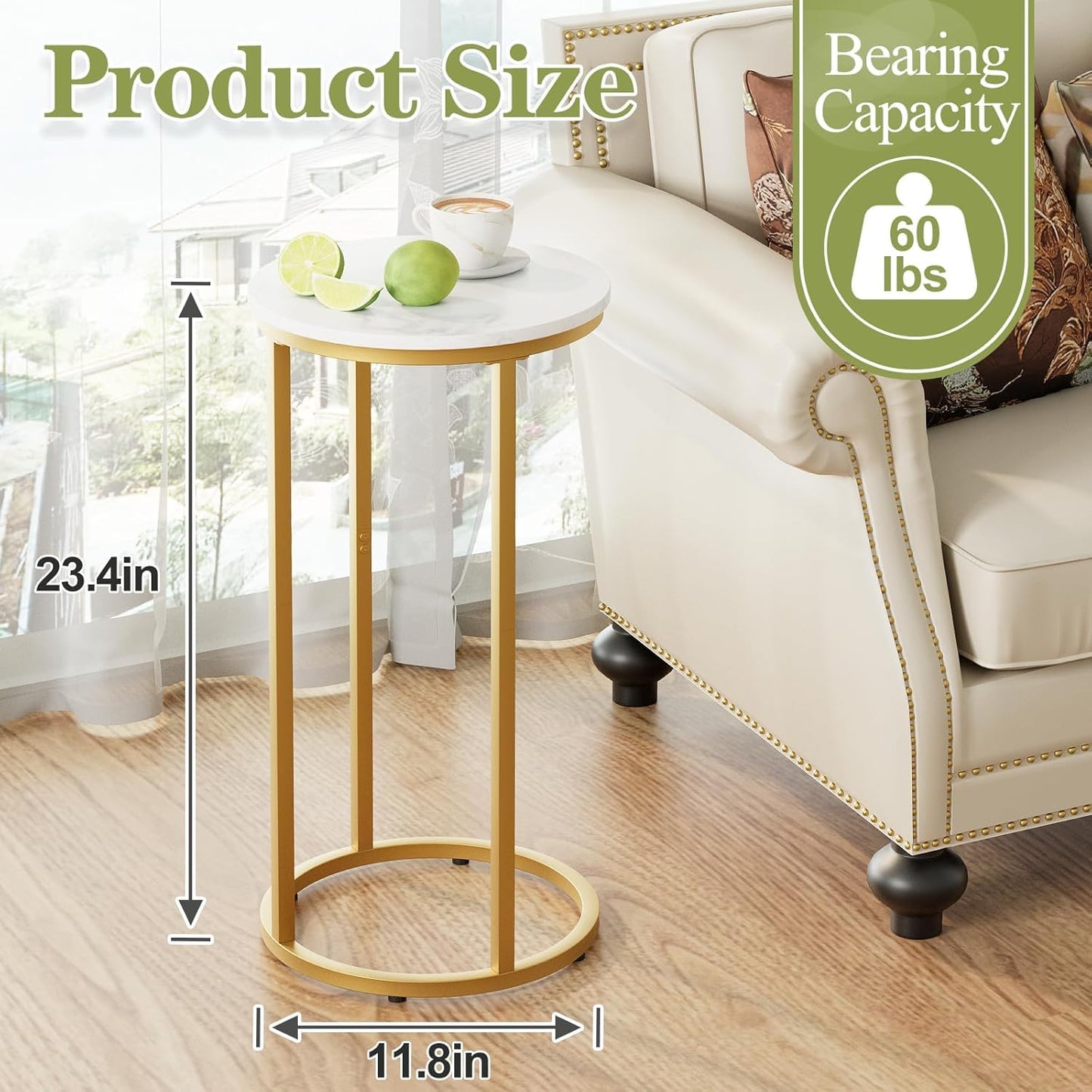 C Shaped End Table, Round Side Table, SofaTable, CoffeeTable Under Sofa, Small Couch Snack Tables, Bedside Tables with Metal Frame for Living Room