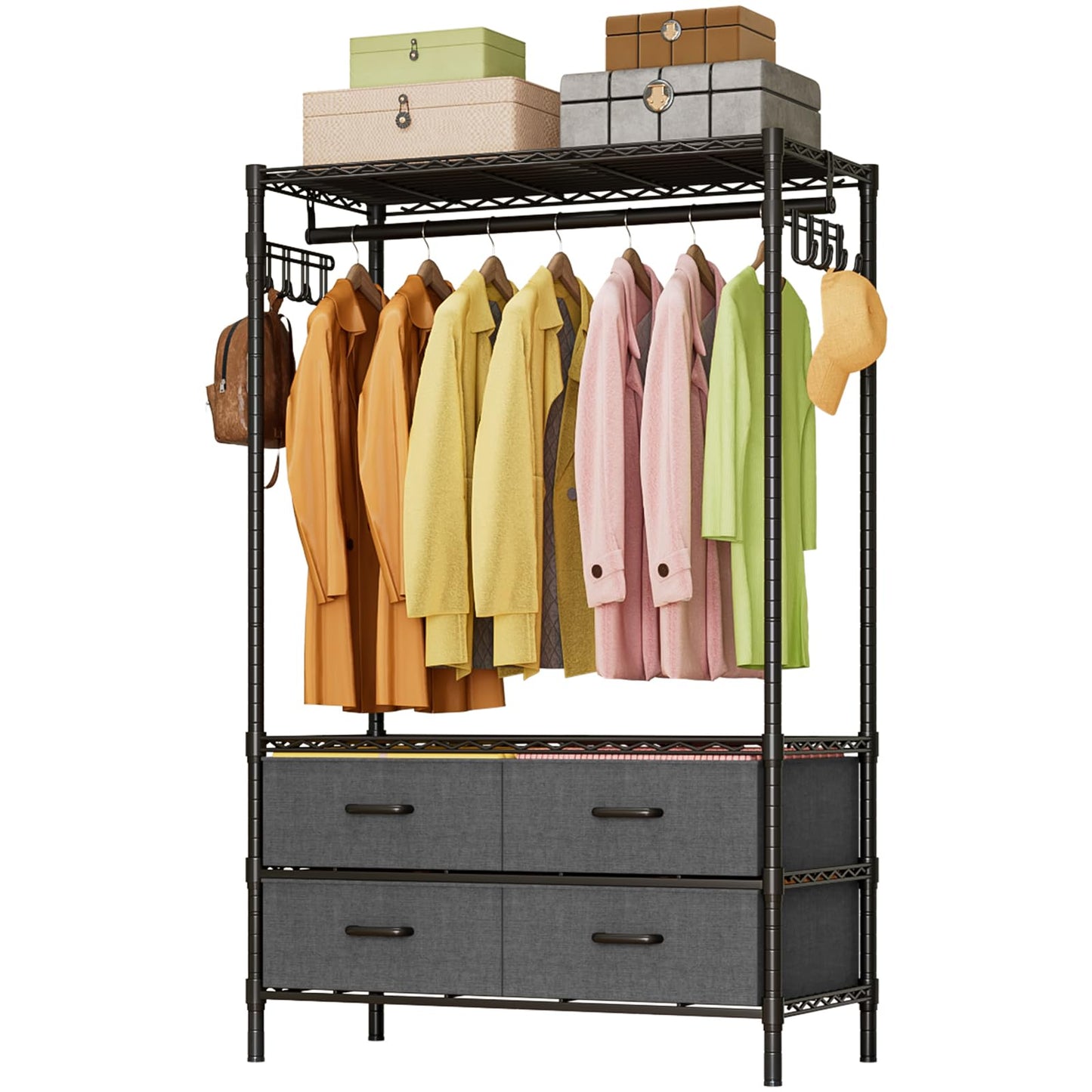 FTEYUET Clothes Rail Heavy Duty for Hanging Clothes with 4 Fabric Drawers