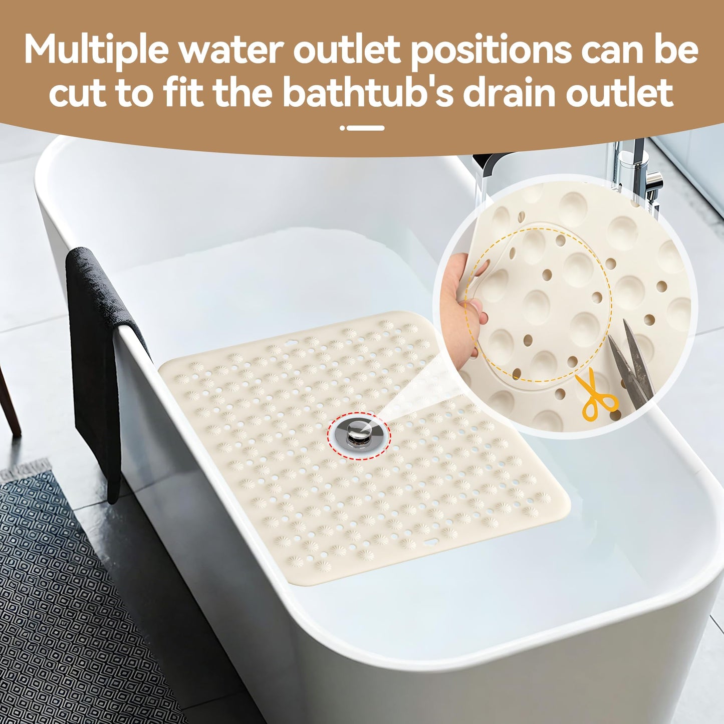 Volminex Non-Slip Bath Mat, Shower Mats, Bathtub Mat, Off-white, 60×60cm
