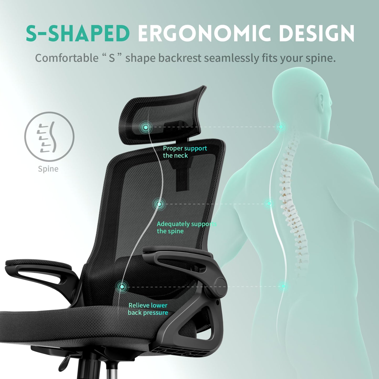 Ergonomic Office Chair, S-Shaped Mesh Desk Chairs, Adjustable Headrest & Lumbar Support, 90°Flip-Up Armrest